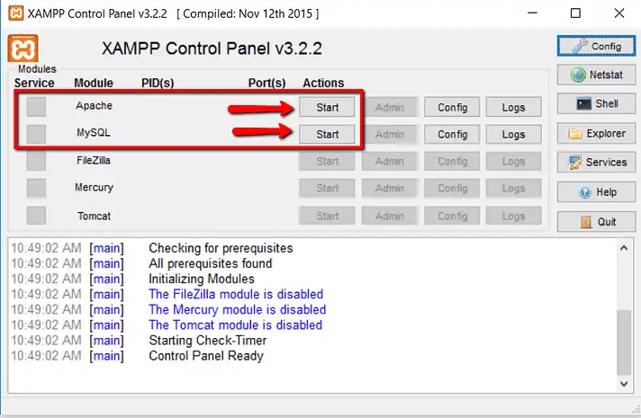 کنترل پنل XAMPP