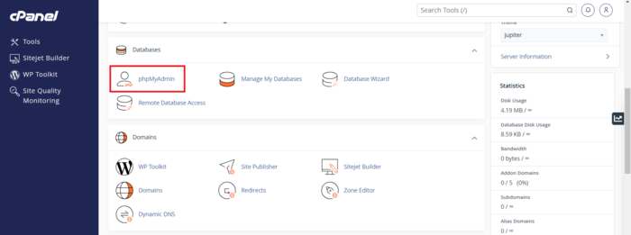 phpmyadmin هاست cpanel 